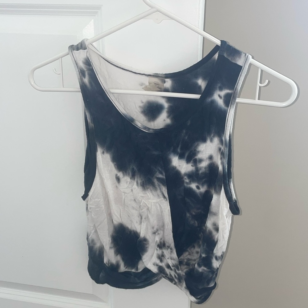 Navy White Tie Dye Crop Tie Front Workout Top